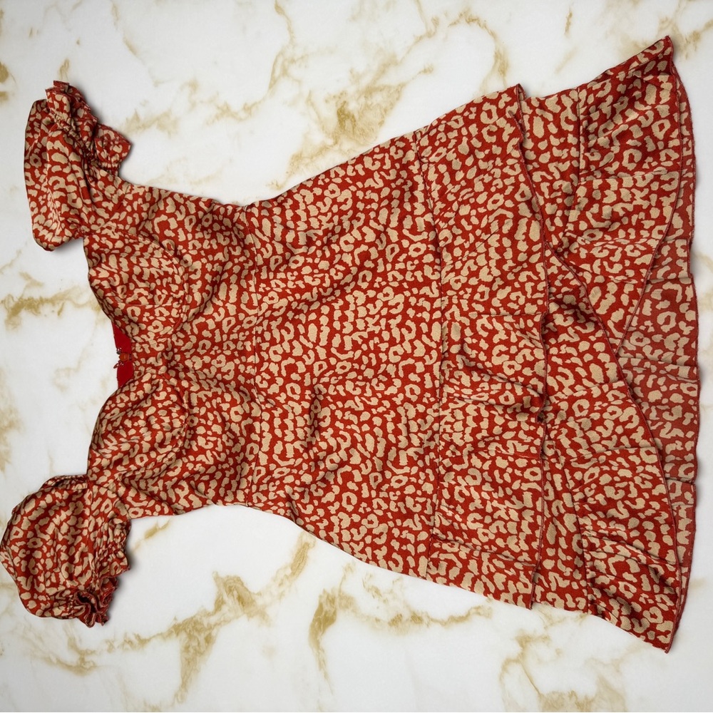 MAJORELLE Red and Cream Patterned Blouse XS |Puff Sleeve |Women's Top